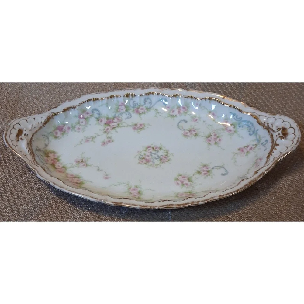 Theodore Haviland Limoges France Celery Tray Pink Roses Gold Trim Scalloped 9.5